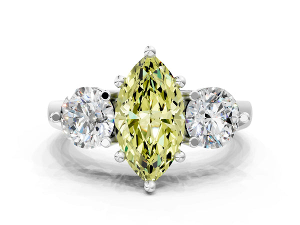 Platinum Three-Stone Fancy Yellow Marquise  Brilliant Cut Solitaire Ring with Prong Setting on a Classic Band