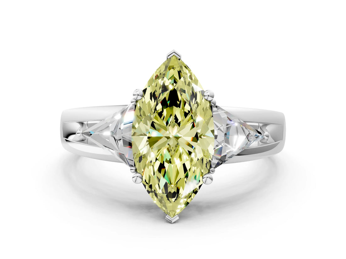 Platinum Three-Stone Fancy Yellow Marquise Cut Cut Diamond Ring with Trillion Side Stones on a Split Shank Band_6