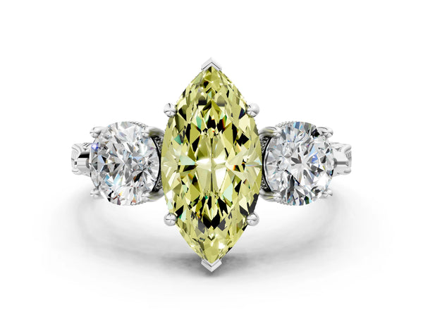 Platinum Marquise Vintage Three Stone Engagement Ring Setting for Fancy Yellow Center