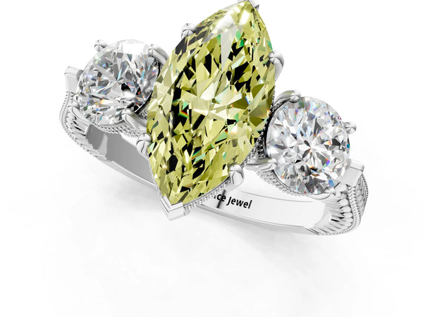 Platinum Marquise Vintage Three Stone Engagement Ring Setting for Fancy Yellow Center