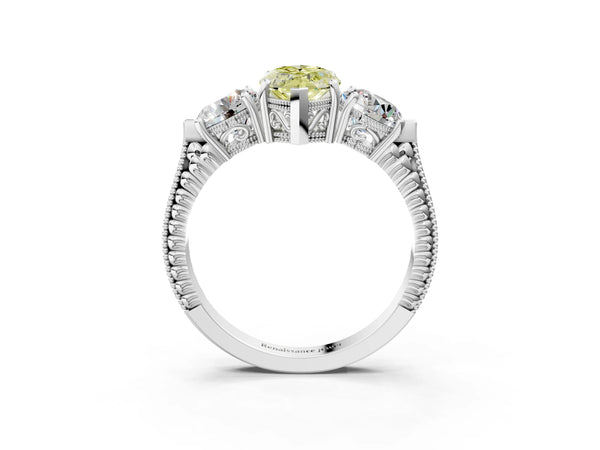 Platinum Marquise Vintage Three Stone Engagement Ring Setting for Fancy Yellow Center