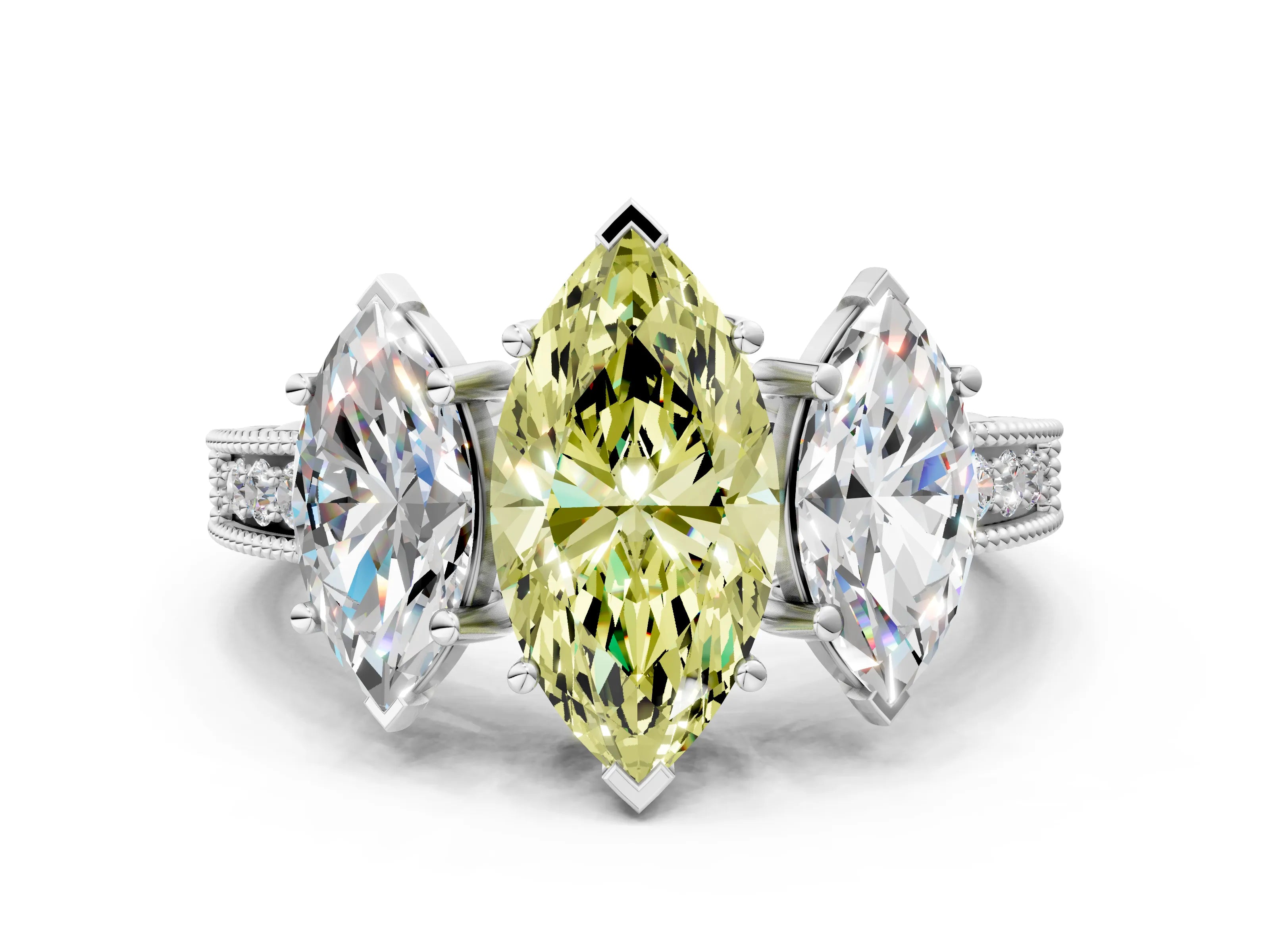 Platinum Three-Stone Fancy Yellow Marquise Cut Cut Milgrain Pavé Engagement Ring_24