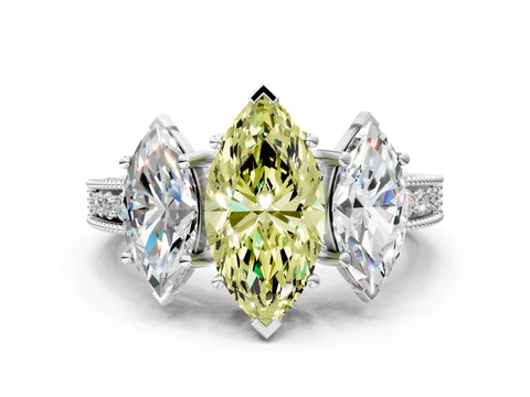 Platinum Three-Stone Fancy Yellow Marquise Cut Cut Milgrain Pavé Engagement Ring_24