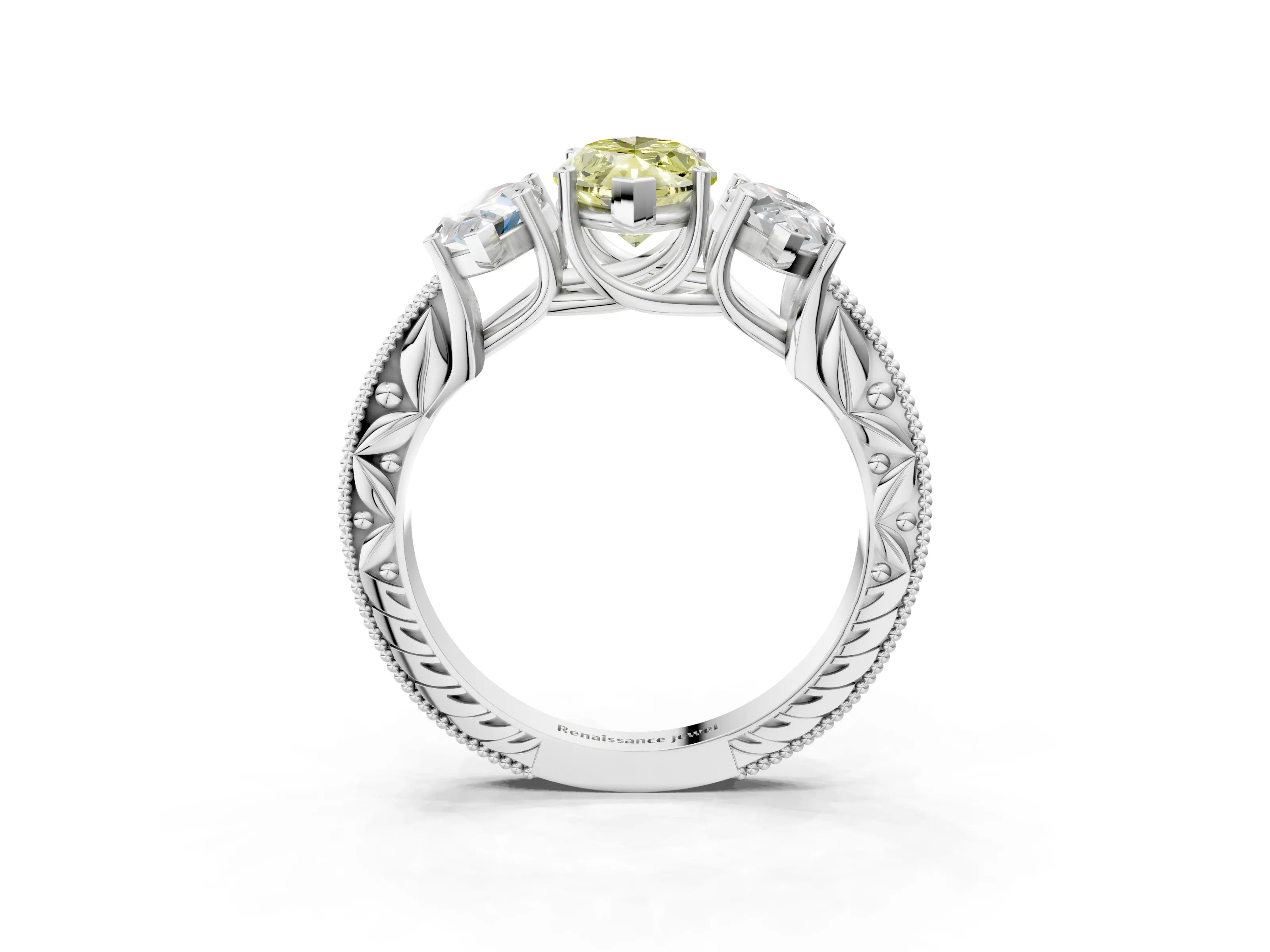 Platinum Three-Stone Fancy Yellow Marquise Cut Cut Milgrain Pavé Engagement Ring_27