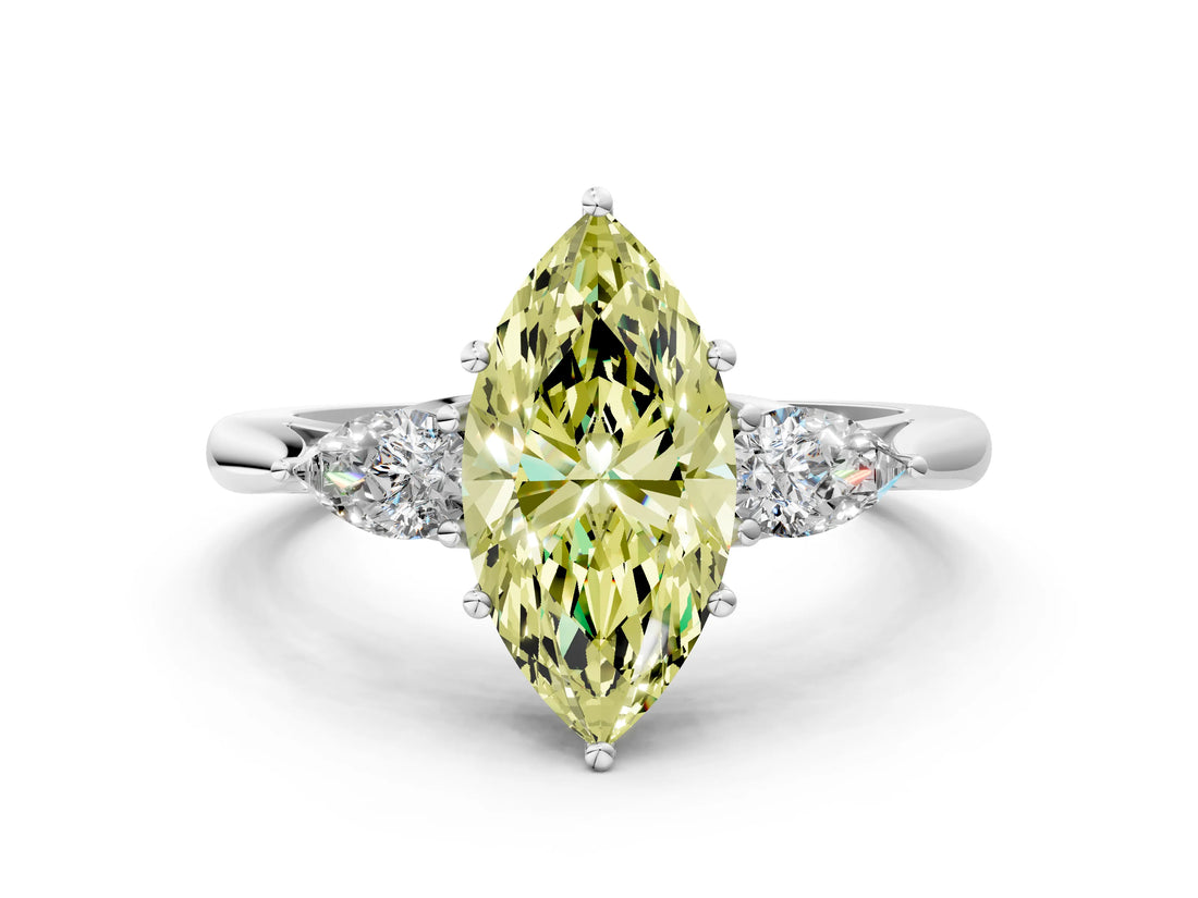 Platinum Three-Stone Fancy Yellow Marquise Cut Diamond Ring with Pear  Side Stones in Four-Prong Setting_12