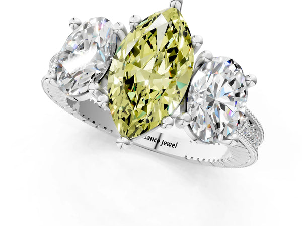 Platinum Three-Stone Fancy Yellow Marquise  Diamond Milgrain Pave Band with Prong Setting