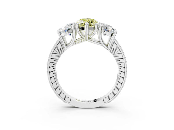 Platinum Three-Stone Fancy Yellow Marquise  Diamond Milgrain Pave Band with Prong Setting