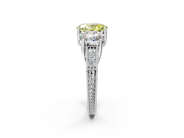 Platinum Oval Engraved Three Stone Engagement Ring Setting for Fancy Yellow Center