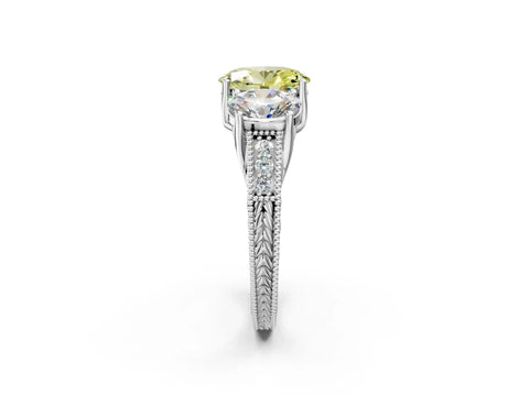 Platinum Three-Stone Fancy Yellow Oval Cut Cut Milgrain Pavé Engagement Ring_20