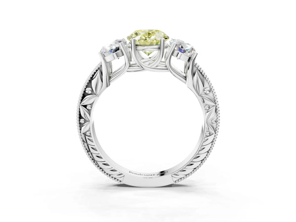 Platinum Oval Engraved Three Stone Engagement Ring Setting for Fancy Yellow Center