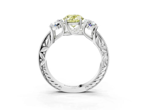 Platinum Three-Stone Fancy Yellow Oval Cut Cut Milgrain Pavé Engagement Ring_21