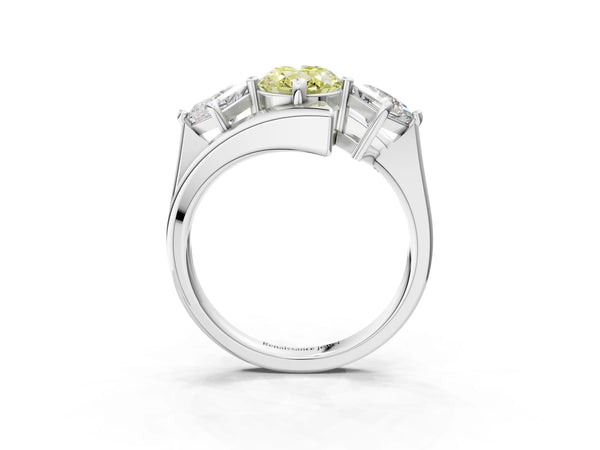 Platinum Three-Stone Fancy Yellow Oval Cut Cut Tension Band Ring with Four-Prong Setting