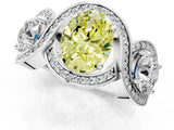 Platinum Three-Stone Fancy Yellow Oval Cut Diamond Wave Pave Band with Prong Setting_7