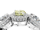 Platinum Three-Stone Fancy Yellow Oval Cut Halo Diamond Milgrain Band with Four-Prong Setting_10