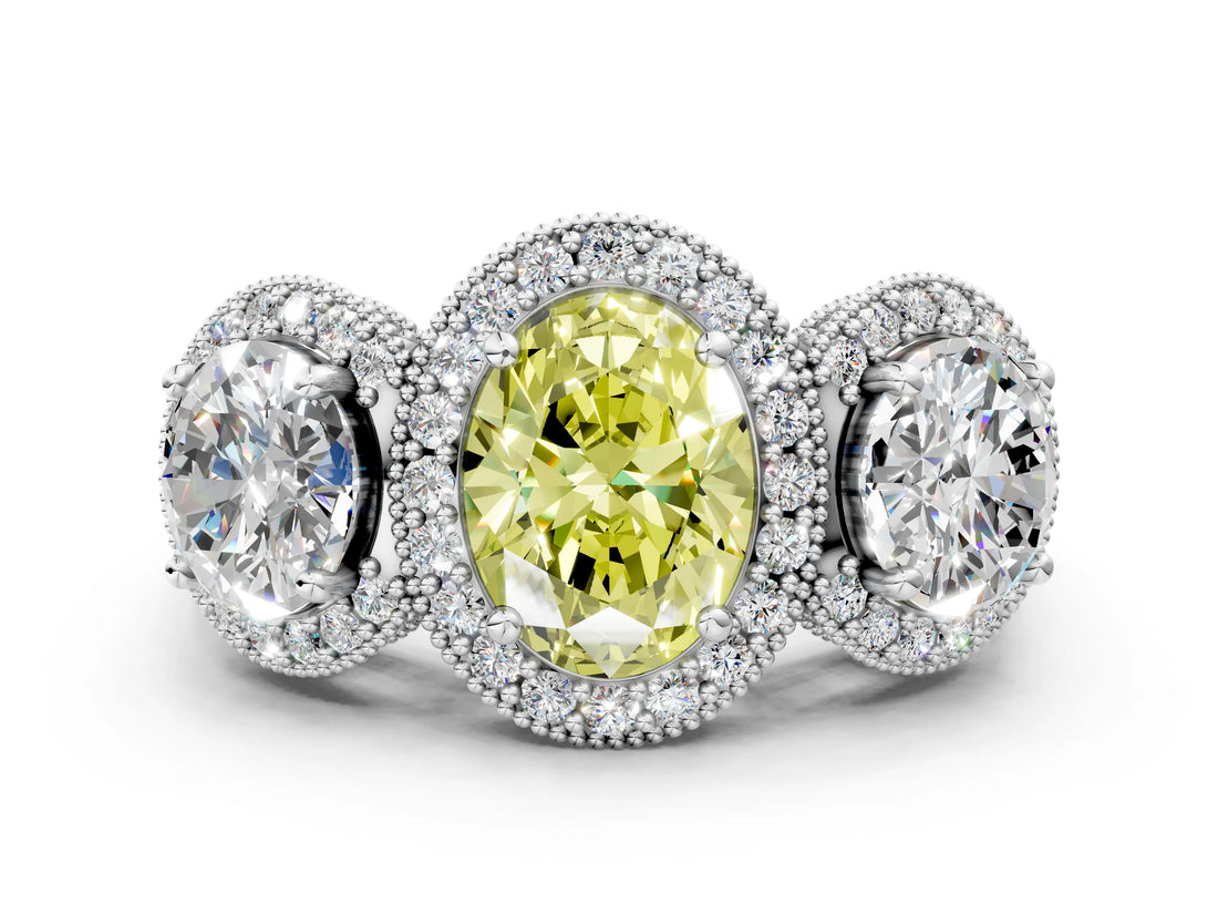 Platinum Three-Stone Fancy Yellow Oval Cut Halo Diamond Milgrain Band with Four-Prong Setting_6