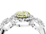 Platinum Three-Stone Fancy Yellow Oval Cut Halo Diamond Ring with Pave Band and Four-Prong Setting_10