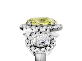 Platinum Three-Stone Fancy Yellow Oval Cut Halo Diamond Ring with Pave Band and Four-Prong Setting_11