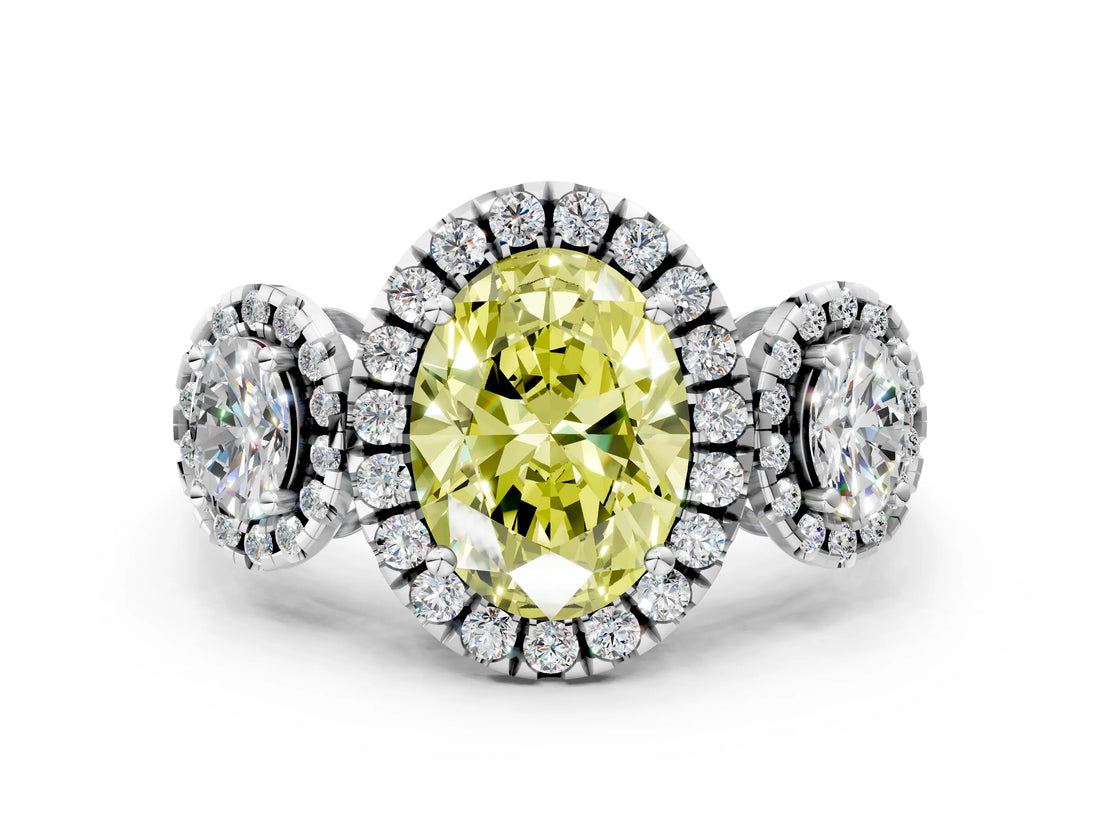 Platinum Three-Stone Fancy Yellow Oval Cut Halo Diamond Ring with Pave Band and Four-Prong Setting_6