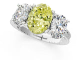 Platinum Three-Stone Fancy Yellow Oval  Diamond Milgrain Pave Band with Prong Setting 1