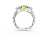 Platinum Three-Stone Fancy Yellow Oval  Diamond Milgrain Pave Band with Prong Setting 3