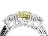 Platinum Three-Stone Fancy Yellow Oval  Diamond Milgrain Pave Band with Prong Setting 4