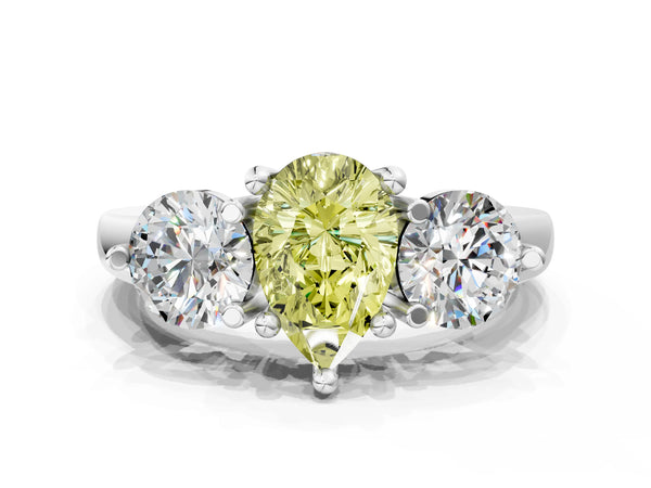 Platinum Three-Stone Fancy Yellow Pear  Brilliant Cut Solitaire Ring with Prong Setting on a Classic Band