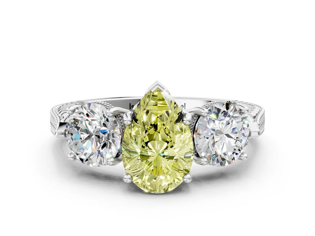 Platinum Three-Stone Fancy Yellow Pear Cut Cut Milgrain Band Prong Setting Ring_6