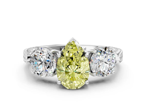 Platinum Pear-Shaped Vintage Three Stone Engagement Ring Setting for Fancy Yellow Center