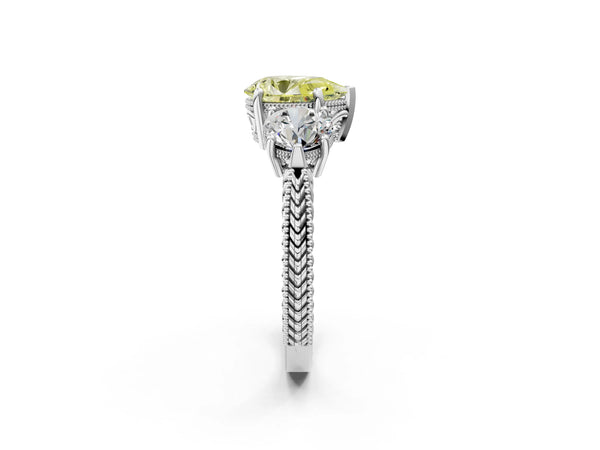 Platinum Pear-Shaped Vintage Three Stone Engagement Ring Setting for Fancy Yellow Center