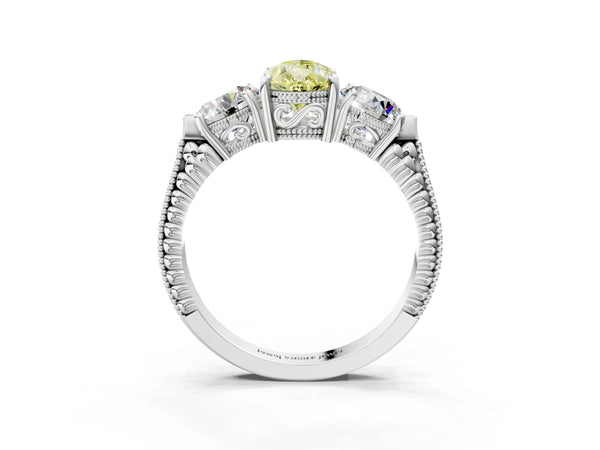 Platinum Pear-Shaped Vintage Three Stone Engagement Ring Setting for Fancy Yellow Center
