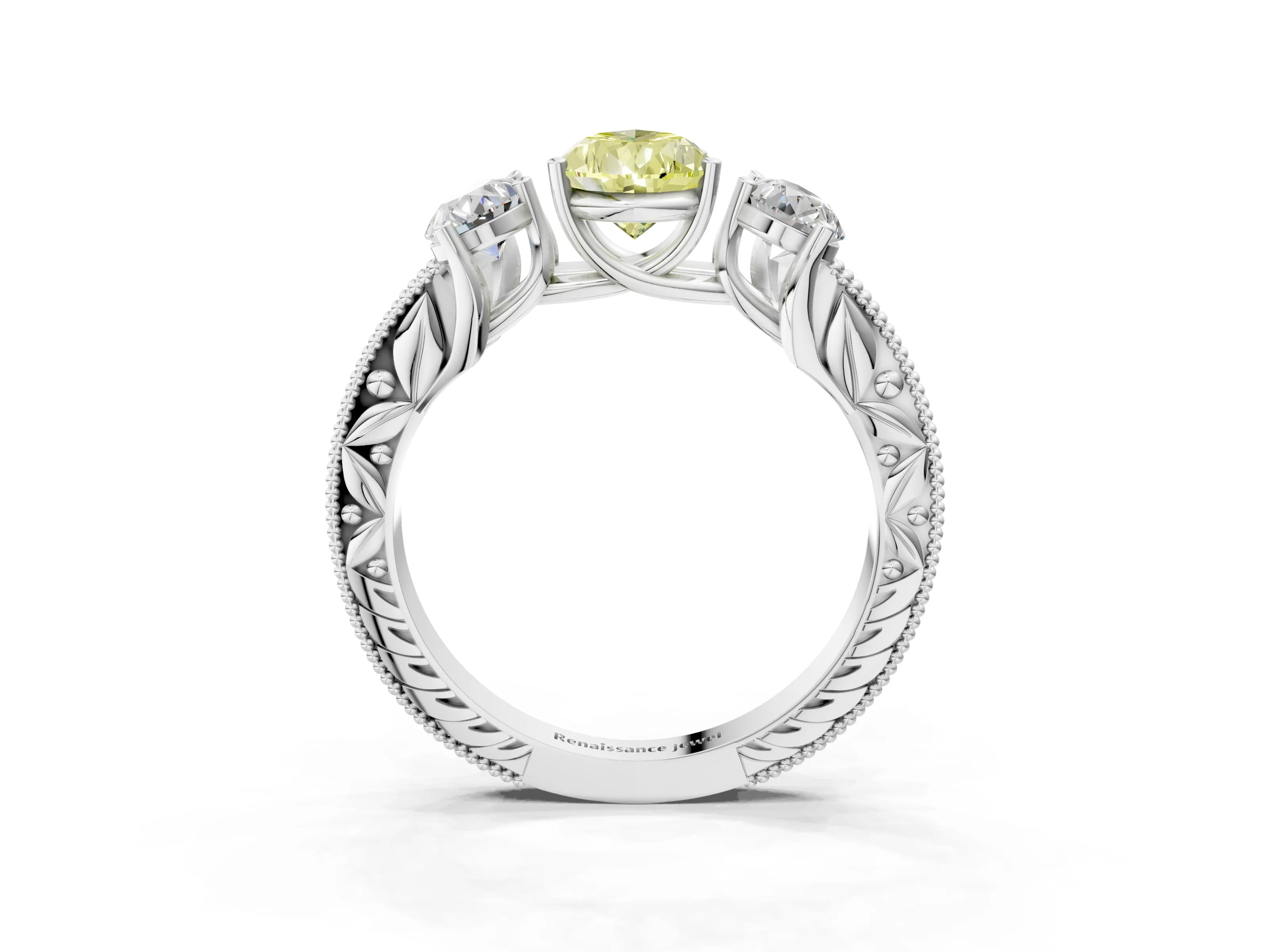 Platinum Three-Stone Fancy Yellow Pear Cut Cut Milgrain Pavé Engagement Ring_21