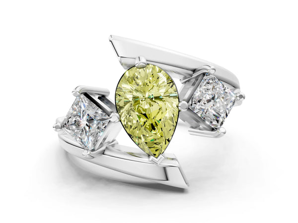 Platinum Three-Stone Fancy Yellow Pear Cut Cut Tension Band Ring with Four-Prong Setting