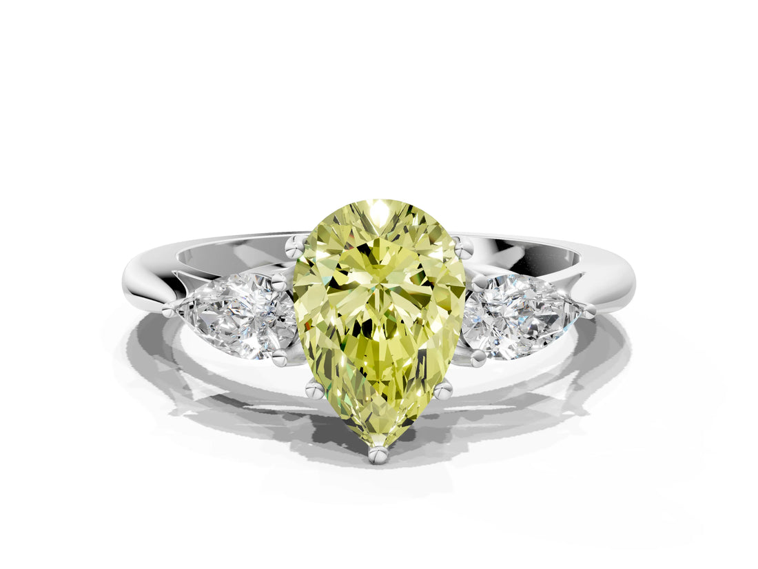 Platinum Three-Stone Fancy Yellow Pear Cut Diamond Ring with Pear  Side Stones in Four-Prong Setting_12