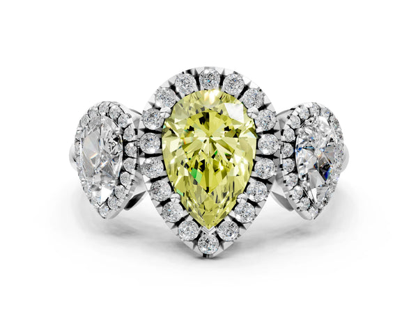Platinum Three-Stone Fancy Yellow Pear Cut Halo Diamond Ring with Pave Band and Four-Prong Setting