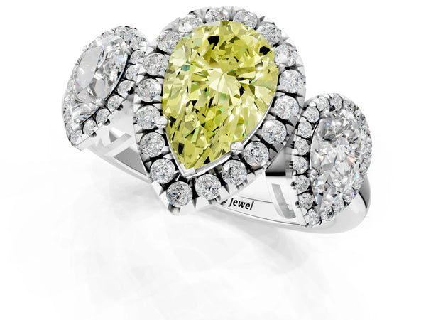 Platinum Three-Stone Fancy Yellow Pear Cut Halo Diamond Ring with Pave Band and Four-Prong Setting