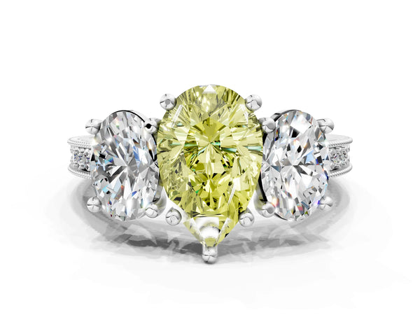 Platinum Three-Stone Fancy Yellow Pear  Diamond Milgrain Pave Band with Prong Setting