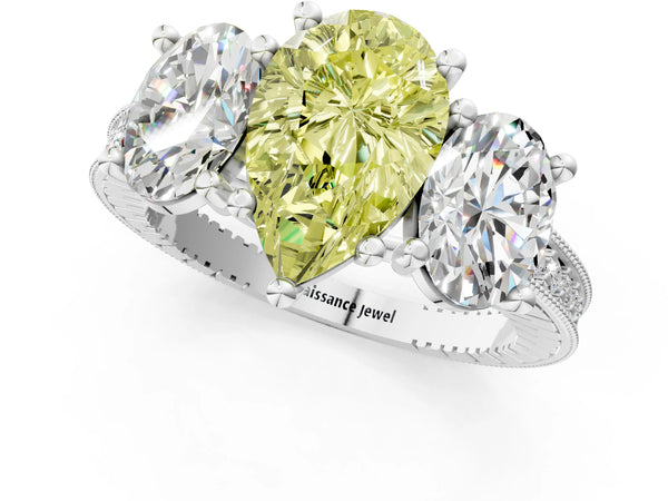 Platinum Three-Stone Fancy Yellow Pear  Diamond Milgrain Pave Band with Prong Setting