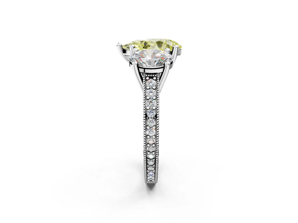 Platinum Three-Stone Fancy Yellow Pear  Diamond Milgrain Pave Band with Prong Setting