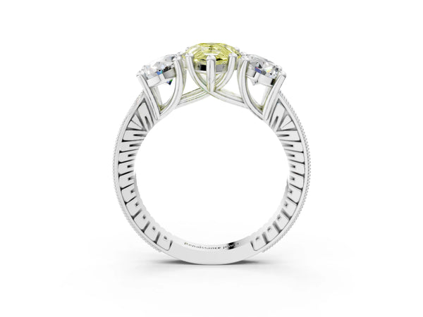 Platinum Three-Stone Fancy Yellow Pear  Diamond Milgrain Pave Band with Prong Setting