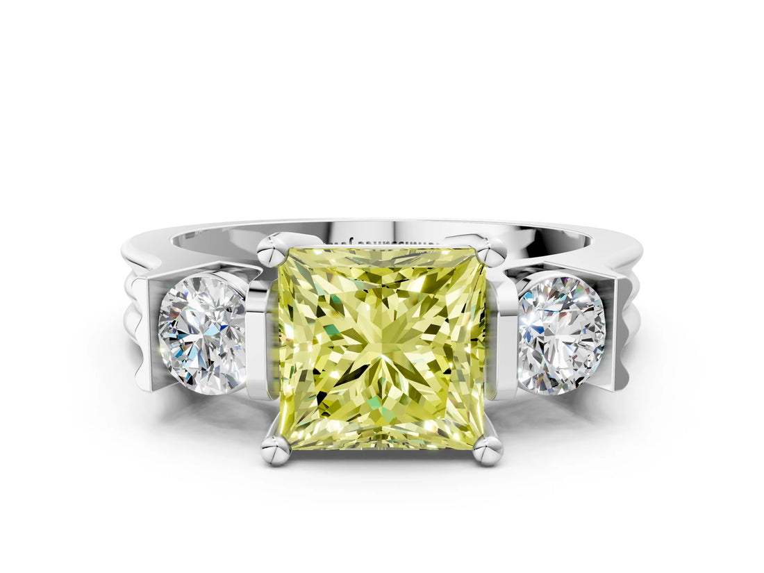 Platinum Three-Stone Fancy Yellow Princess Cut Cut Classic Band Prong Setting Ring_12