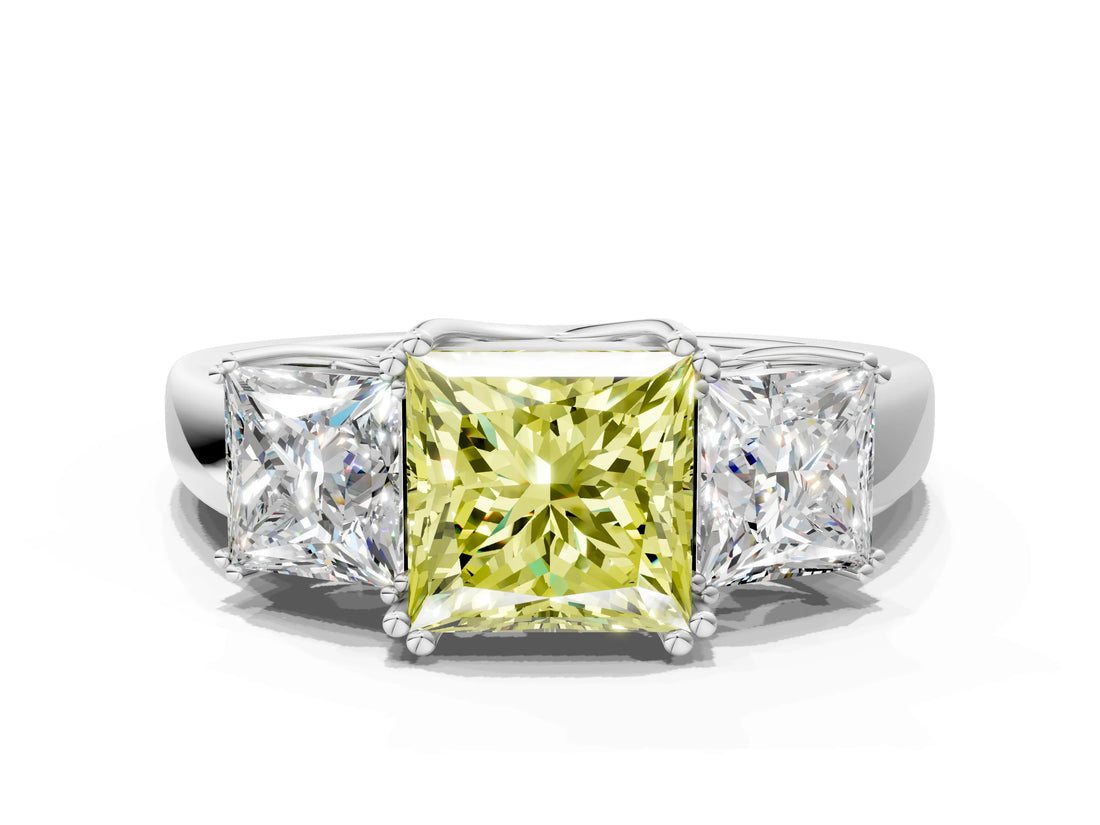 Platinum Three-Stone Fancy Yellow Princess Cut Cut Diamond Ring with Channel Set Band and Four-Prong Setting_12