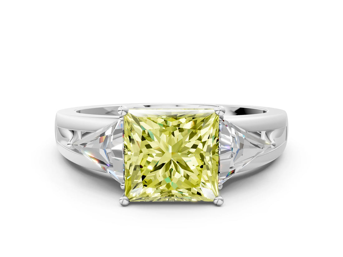 Platinum Three-Stone Fancy Yellow Princess Cut Cut Diamond Ring with Trillion Side Stones on a Split Shank Band_30