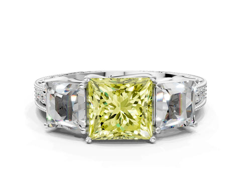 Platinum Three-Stone Fancy Yellow Princess Cut Cut Milgrain Pavé Engagement Ring_19