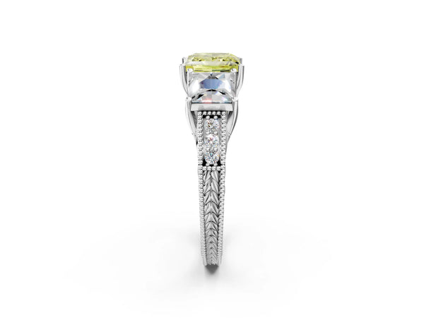 Platinum Princess Cut Engraved Three Stone Engagement Ring Setting for Fancy Yellow Center