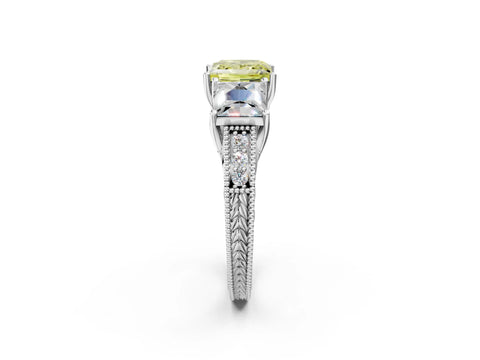 Platinum Three-Stone Fancy Yellow Princess Cut Cut Milgrain Pavé Engagement Ring_21
