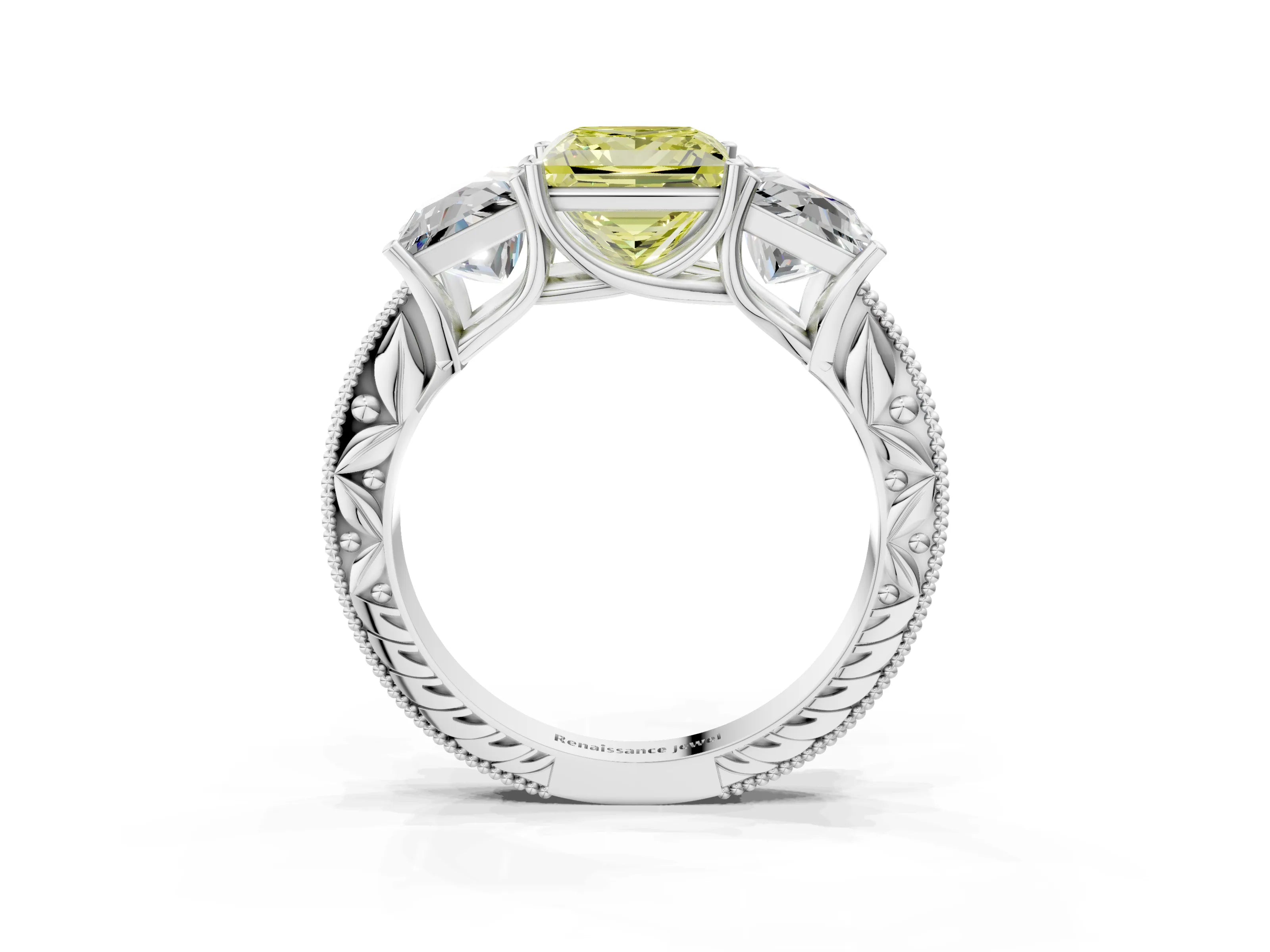 Platinum Three-Stone Fancy Yellow Princess Cut Cut Milgrain Pavé Engagement Ring_22