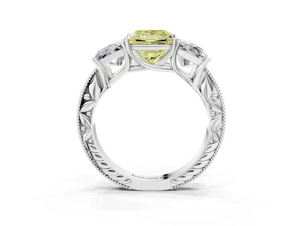 Platinum Princess Cut Engraved Three Stone Engagement Ring Setting for Fancy Yellow Center