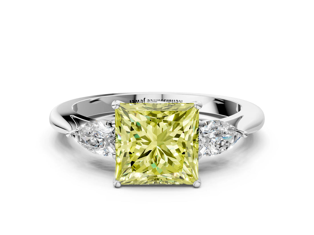 Platinum Three-Stone Fancy Yellow Princess Cut Diamond Ring with Pear  Side Stones in Four-Prong Setting_12
