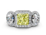 Platinum Three-Stone Fancy Yellow Princess Cut Halo Diamond Milgrain Band with Four-Prong Setting_12