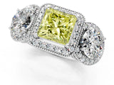 Platinum Three-Stone Fancy Yellow Princess Cut Halo Diamond Milgrain Band with Four-Prong Setting_13